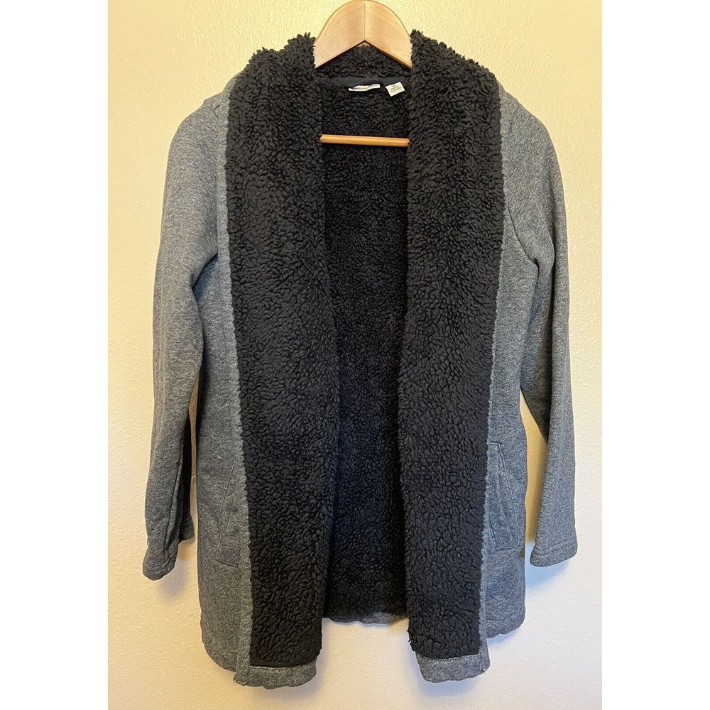 LL BEAN Sherpa-Lined Fleece Open Cardigan Jacket Gray and Black Women's XS Cozy!